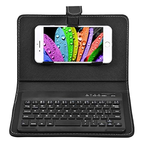 V BESTLIFE Portable Wireless Bluetooth Keyboard with Leather Case, Universal Keyboard with Portfolio Flip Case and Stand, Cover with for 4.5''-6.8'' iOS, Android and Windows Smart Phones (Black) Cover