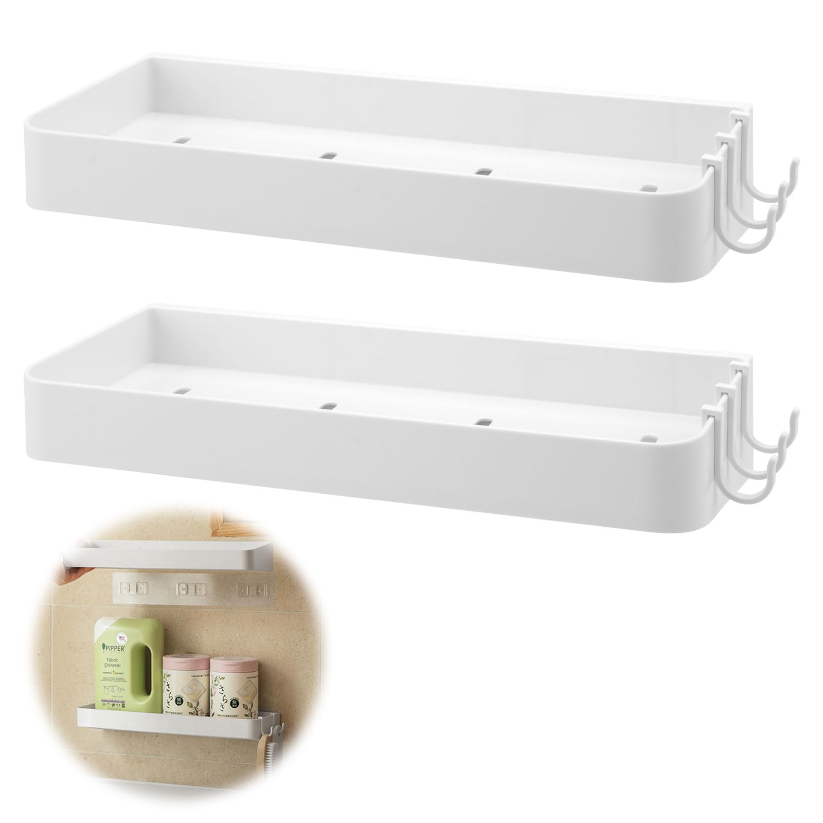 VOSSOT Estantería de baño sin taladrar, 2 unidades de estante adhesivo con 6 ganchos para baño, estante de pared para baño, estante de pared blanco, estante de pared para baño, inodoro y cocina