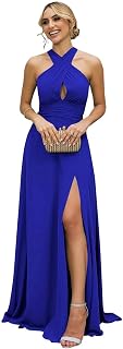 Chiffon Halter Bridesmaid Dresses for Women Long A-Line Formal Dress with Slit Pleated Modest Evening Party Gown