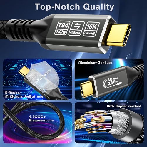 CAKOBLE 16K Thunderbolt 4 USB4 Kabel 1.5m- 40Gbps Schnelltransfer, 16K@30Hz/8K@60Hz/4K@144Hz HDR, USBC Kabel 240W PD3.1 48V/5A,für MacBook,Galaxy 25, eGPU, SSD, Docking Stationen, Mac,VR,iPhone 16