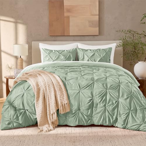 Image of Andency Queen Pinch Pleat Comforter Set (90 inchx90 inch),3 Piece Lightweight Pintuck Bedding Comforters & Sets, Fluffy Down Alternative Comforter with 2 Pillow Shams for All Season,Sage Green