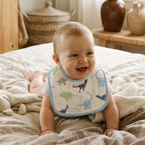 Image of Muslin Bibs for Baby Boy, Adjustable Fit for Drooling and Teething Toddler | 6Pk, 100% Soft Cotton Surface & Multi-Layer Absorbent Core, Shrink-resistant & Fade-Proof, Gentle on Sensitive Newborn skin