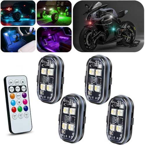 GSOWO Upgraded 4PCS Wireless LED Strobe Lights with Remote, 8 Colors Waterproof Anti-Collision Aircraft Strobe Light, USB-C charging Warning Light for Car Interior Motorcycle Drone Bike New Year