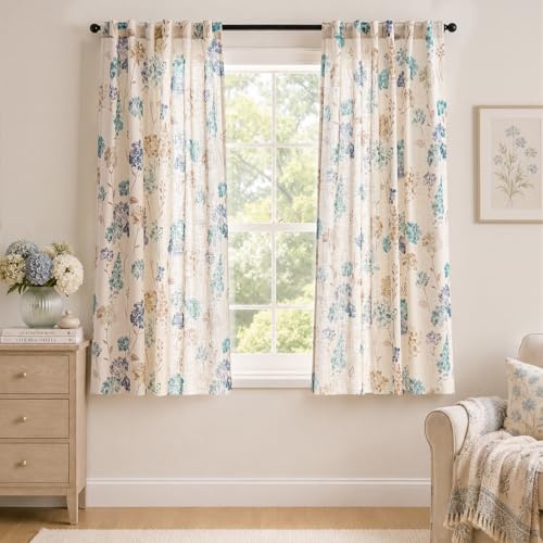 Image of jinchan Floral Linen Curtains 63 Inch Vintage Cottagecore Back Tab 2 Panels