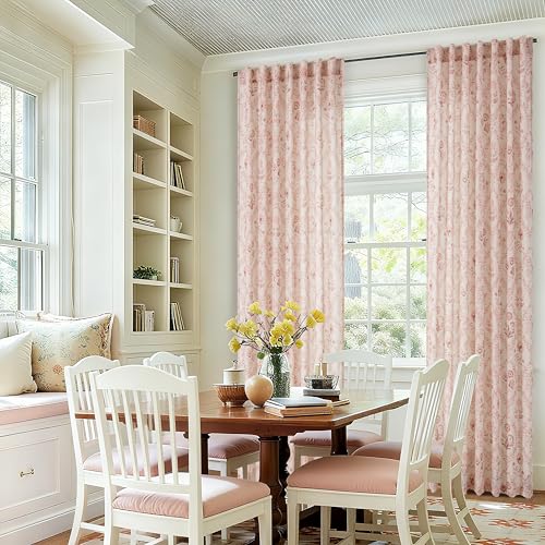 Image of Pink Linen Floral Pattern 96 Inch Curtains 2 Panel Set for Living Room | Semi Sheer, Light Filtering, Window Curtains, Blush Flower, Plant Leaf Print, Vintage, Boho, Drapes for Bedroom , Nursery