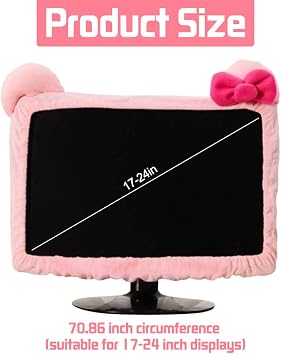 2 Pcs Kawaii Elastic Monitor Dust Cover - Cat Ear Furry Pink, Dustproof for PC, TV, Laptop (17 - 24 Inch)