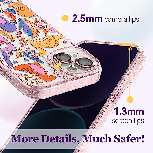 Image of Designed for iPhone 14 Case Pink Glitter Clear - Cute Bling Phone Case with Wrist Strap - Aesthetic Y2K Case for Woman, Girl 6.1 inch (Dinosaur)