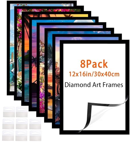 Diamond Art Frame 12x16 Inch - 8 Pack (Black) - 30x40 cm Painting Suitable for 10x14inch Picture, Diamond Frames Magnetic Self-Adhesive,Suitabble Frames Painting for Wall Window Door