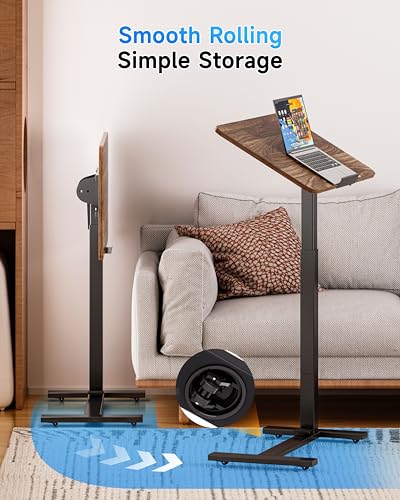 Image of BIZUM Mobile Standing Desk Laptop Desk Pneumatic with Wheels 180 Tilt Top Hospital Bed Table Portable Rolling Cart Foldable Bedside Table for Hospital&Home Use, Walnut