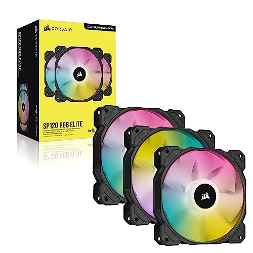 Corsair iCUE SP120 RGB ELITE Performance 120 mm Kit de Trois Ventilateurs avec iCUE Lighting Node CORE (Technologie CORSAIR AirGuide, Huit LED RGB Paramétrables, Silencieux niveau sonore 18 dBA) Noir
