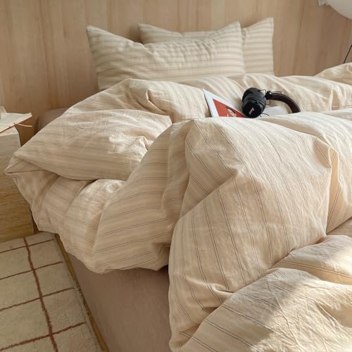 Image of MKXI Full Size Duvet Cover Set - 3 Piece Apricot White Vertical Stripe Bedding, Washed Cotton Soft Like Linen Textured Comforter Cover for All Seasons, Coastal Modern Farmhouse Decor