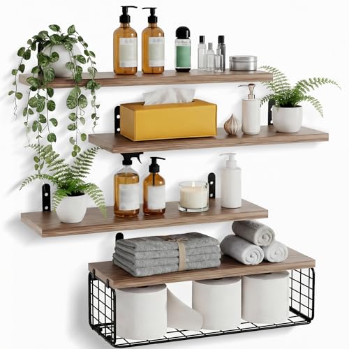 FREEAMG Floating Shelves with Wire Storage Basket Set of 4+1 Brown