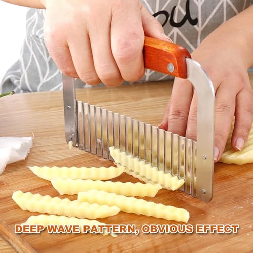 Image of Stainless Steel Wavy Blade Crinkle Cutter Knife - Vegetable & Potato Chip Slicer with Durable Nylon Handle - French Fry Cutter, Fruit, Salad, and Garnish Making Tool for Kitchen (Wood Brown)