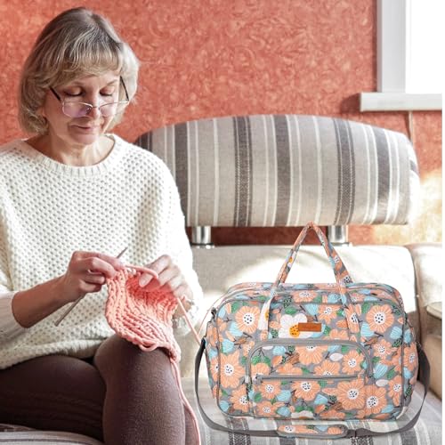 Image of Yarn Storage Organizer, Knitting Crossbody Bag, Large Crochet Tote Bag Yarn Holder Case for Carrying Projects, Knitting Needles, Crochet Hooks and Other Accessories (Flower-Grey)