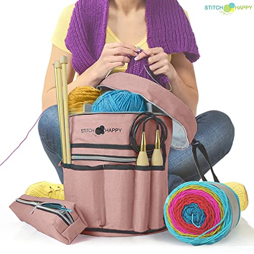 Stitch Happy Designer Knitting Starter Kit: 20 Piece Knitting Kit For Beginners & 7 Pocket Yarn Bag, Signature Yarn Storage - Tan #TOP3