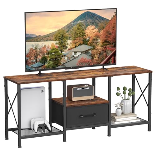 JARHETUN TV Stand with Fabric Drawer, Entertainment Center for 50 55 Inch TV, Industrial TV Console Table with Open Storage Shelves for Living Room, Bedroom, Rustic Brown