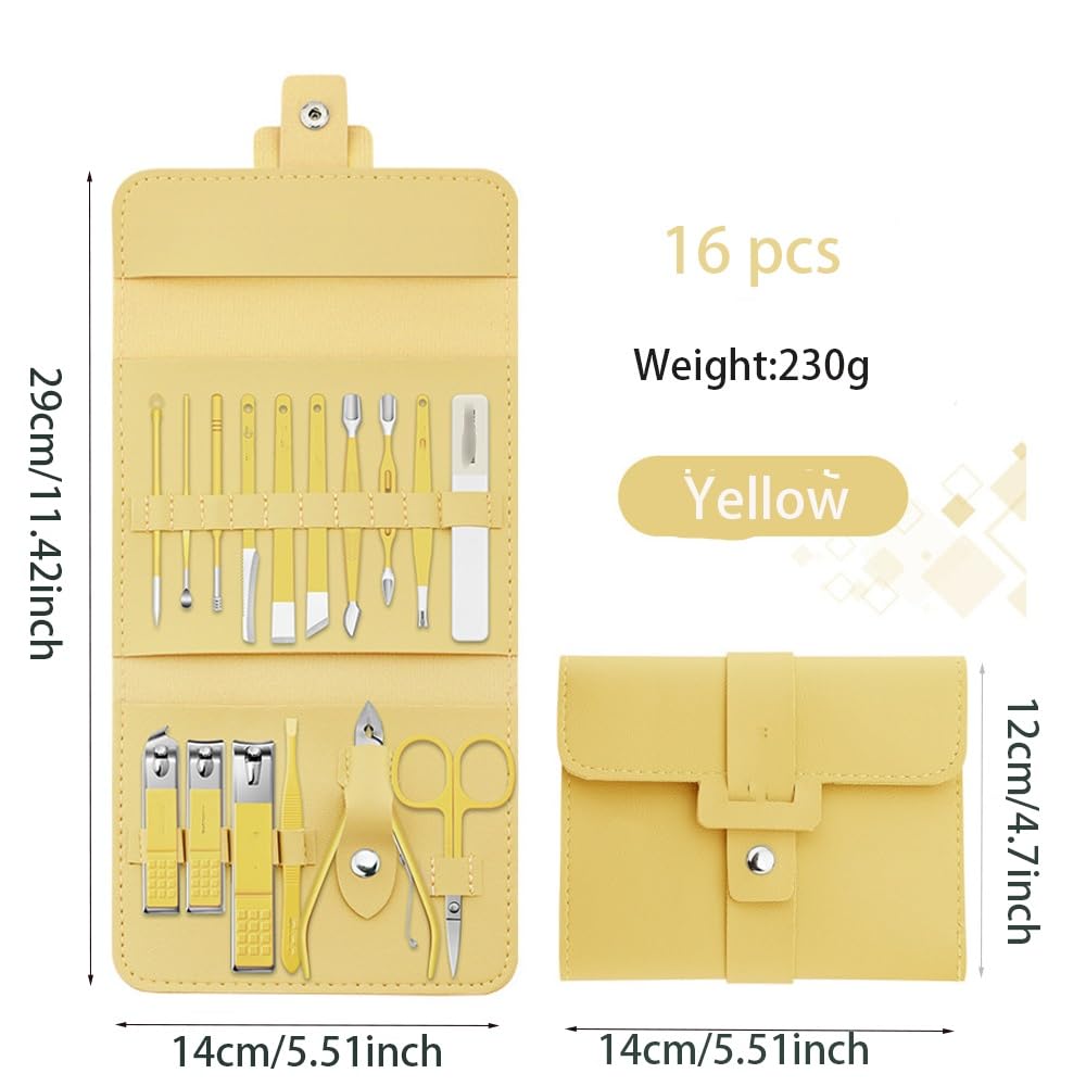 Cortaúñas de 16 Piezas para el hogar, Kit de manicura de Acero Inoxidable, portátil para Viaje, imprescindible para manicura (Amarillo)