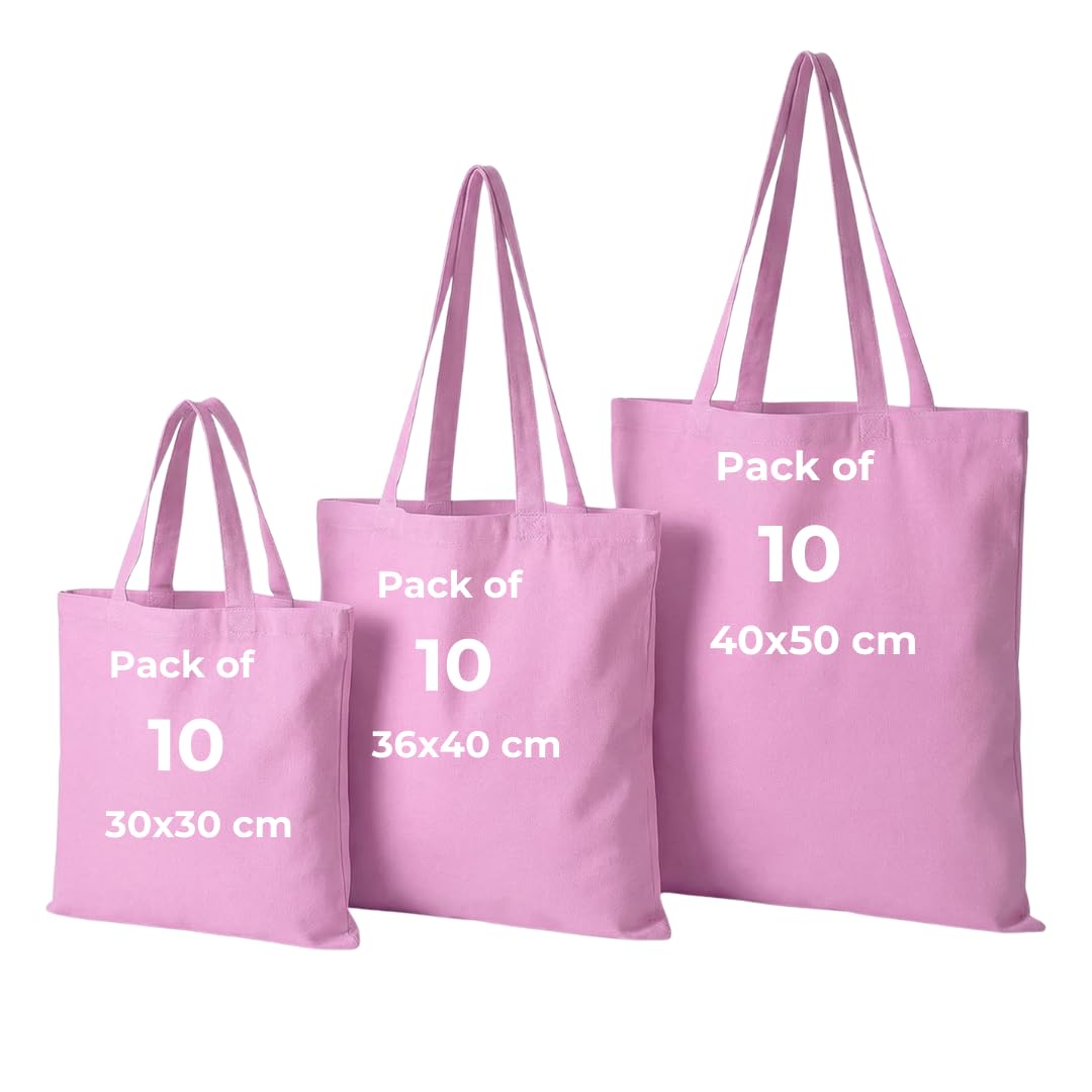 IMFAA Pack of 10 Premium-Quality Long Lasting 100% Cotton Canvas Tote Reusable Shopping Bags Ideal for Printing and Embroidery (Pink,Small 30x30x30)