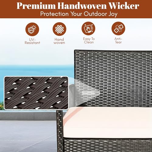 Image of DEVOKO Marbella 4 Pieces Patio Set, Outdoor Sectional Sofa Rattan Wicker Conversation Set with Soft Cushion and Glass Center Table for Outside Porch, Lawn, Garden, Backyard (Dark Brown and Cream)