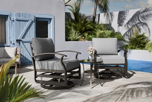 Image of Outdoor Patio Furniture Set, 3 Piece Aluminum Metal Chairs Swivel Rocker, Overstuffed Washable Cushions Bistro Set for Porch, Balcony, Deck, Garden Grey
