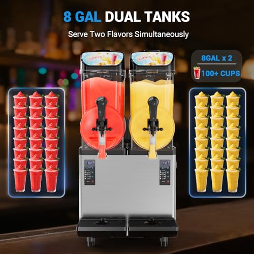 Image of Slushie Machine Commercial, 4Galx2 Tanks Frozen Drink Machine, 110V Stainless Steel Margarita Slushie Maker for Restaurant Bar Home Party Cocktail Alcohol Beverage Wine, 8Gal /30L
