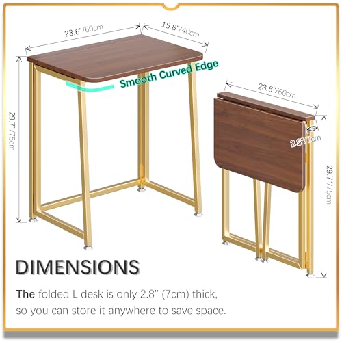 Image of 4NM 23.6 inch Mobile Small Folding Desk, Foldable Rolling Computer Home Office Desk, Study Writing Table for Small Space Saving Bedroom, with Wheels - Brown and Gold
