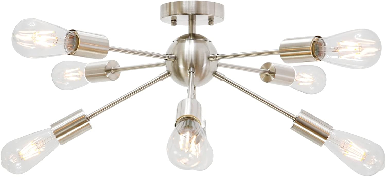 BONLICHT Contemporary 8 Light Sputnik Chandelier Brushed Nickel Semi Flush Mount Ceiling Light Modern Light Fixture Ceiling lamp for Kitchen Dining Room Bed Room Hallway