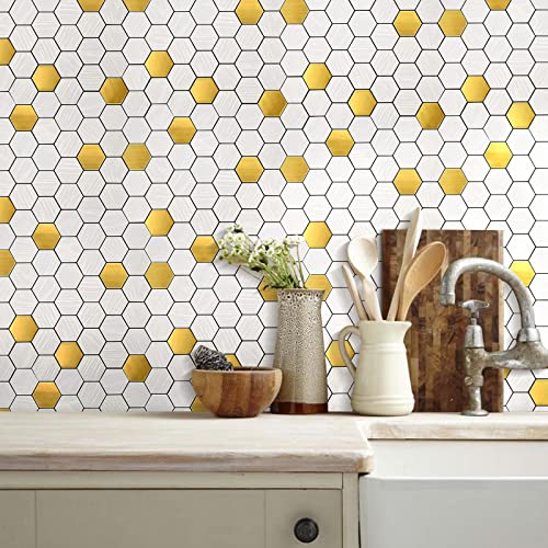 HomeyMosaic 10 hojas de azulejos de acero inoxidable para despegar y pegar en la pared de la cocina, baño, metal, hexgon (madera blanca cepillada y dorado) Cover