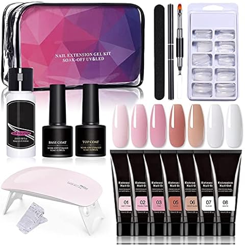 TEEROVA Poly Extension Gel Nail Kit, 7 Color Clear White Nail Builder Gel Pink Nude Poly Nail Enhancement with Mini Nail Lamp Slip Solution All-in-One French Kit for Nail Manicure Beginner Starter Kit Cover