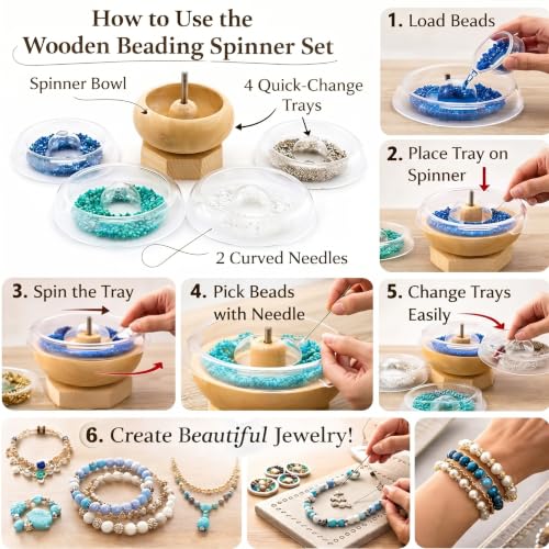 Image of Beadsnfashion Wooden Spin and String Beading Spinner Set for Jewellery Making and Craft Work - Includes 2 Curved Needles, 4-Inch Tool for Smooth Crafting Experience
