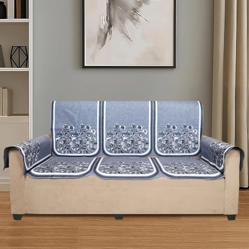 Image of Velvet 3 Seater Sofa Cover with 6 Seat and Back Covers, 2 Hand Rest Covers - Floral Design - Washable Fabric - Stylish Sofa Cover for Modern Living Room (Grey, 3 Seater With Arm Cover)