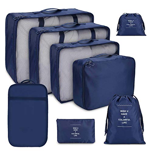 Preisvergleich Produktbild NEKOCAT Koffe Organizer Set, 8-teilig Wasserdichte Gepäck Polyester-Kleidersäcke Gepäckaufbewahrungstaschen mit großer Kapazität für Kleidung, Schuhe, Kosmetika, Körperpflegeprodukte, Kabel -Navy Blau
