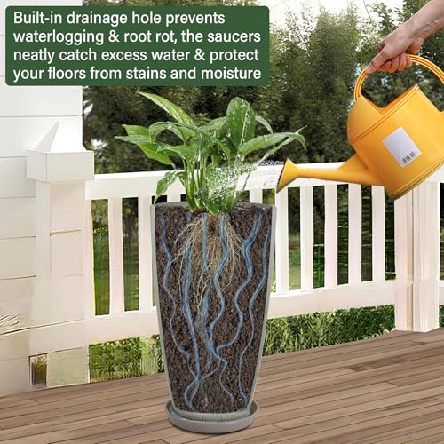 Neoaider Set of 2 Lightweight Ceramic-Look Tall Planter, 21 inch Large Plastic Planter with Drain Hole & Saucers, Large Outdoor Planters for Porch, Garden, Patio, Balcony(Drip Glaze) by Neoaider - Image 5
