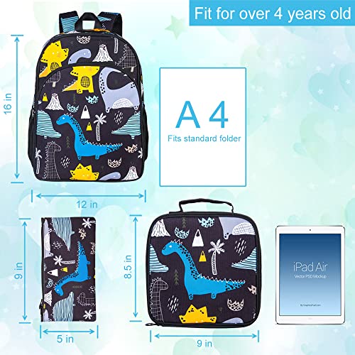 3Pcs Preschool Backpack Boys, 16" Kids Dinosaur Elementary Dino Bookbag And Lunch Box #TOP3