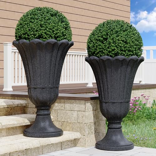 seethmi 23 Tall Planters for Outdoor Plants Set of 2 Planter with Drainage Holes and Petal Design Large Outdoor Planters for Porch Garden Indoor Black