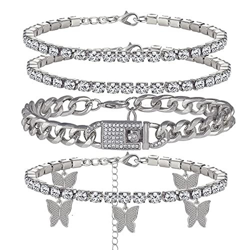 yfstyle 4PCS Cuban Link Chain Ankle Bracelet Butterfly Rhinestone Tennis Layered Anklet Set for Women Summer Beach Adjustable-Silver Cuban