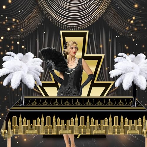 Image of 3pcs Roaring 1920's Party Decorations Great 20's Plastic Tablecover Table Cloth for Black and Gold Birthday Music Party for Hollywood 1920s Birthday Speakeasy Retro Flapper Wedding Party Supplies