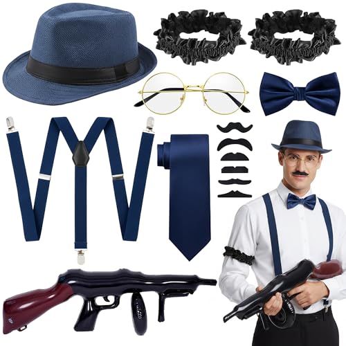 Soireeparty 1920s Fancy Dress Accessories Set - Blue Gangster Hat Kit with Suspenders Bow Tie Glasses Armbands and Moustaches Vintage Costume Outfit for Men Cosplay Theme Party Halloween Carnival