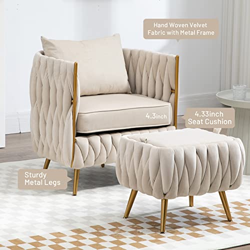Nioiikit Modern Velvet Accent Chair With Storage Ottoman, Upholstered Hand Woven Lounge Chair With Pillow, Luxury Armchair, Vanity Chair For Living Room, Bedroom, Office (Beige) #TOP5