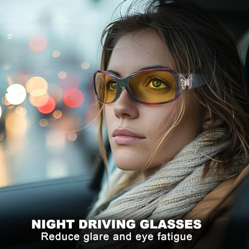 IGnaef Women Trendy Night Driving Glasses Polarized Anti Glare Yellow Night Vision Glasses Butterfly Decor Hinges IF0222