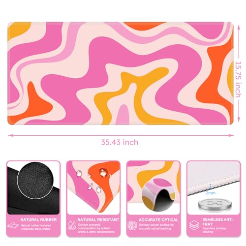 Image of iCasso Large Mouse Pad (35.4x15.7 in), Desk Mat Gaming Mousepad with Stitched Edges, Keyboard Mouse Mat Desk Pad for Work, Game, Office, Home-Pink Topographic