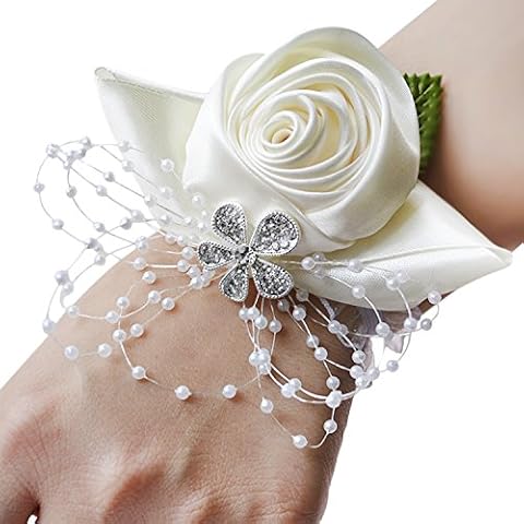 Wedding Bride Rose Flower Corsage Bracelet Bridesmaid Floral Wristband Girls Elastic Bangle Shining Bead Handwear Beach Hawaii Bohemia Handmade Ribbon Wedding Wrist Corsage Bracelet for Women Cover