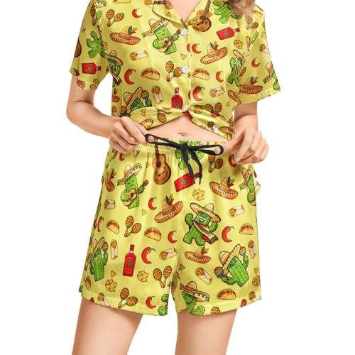 Image of Funny Pajamas for Women Set Print Satin Loungewear Pjs Short Sleeve Button Down Top and Shorts Sets Sleepwear XS-3XL