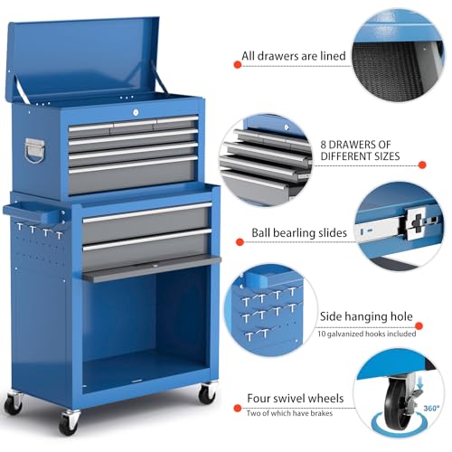 Tool Chest 8-Drawer | 42'' Large Rolling Tool Chest with Wheels | Detachable Top Metal Tool Box | Garage Storage Cabinet for Repair Room,Warehouse | Rolling Tool Box with Hooks,Liners,Tray Divider - Image 3