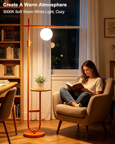 Image of Lightdot 66IN Orange Floor Lamps with Table, Dimmable Modern Tall Lamp Standing Lamp U-Pole Base for Bedroom /Living Room /Sofa Beside /Corner Decor(Bulb Included)