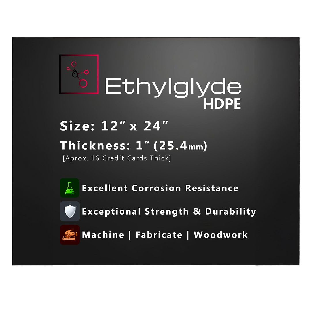 Black HDPE Sheet. Smooth Texture, Solid Board, Cutting Board, High Density Polyethylene Plastic Sheet, DIY Project Material. Nominal Cut +(-) 1/8". Made in USA. 12" x 24" (1" Thick)