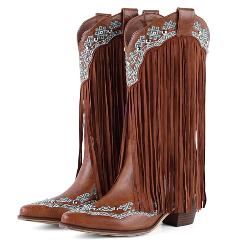 FancyQueen Fringe Cowboy Boots for Women, Mid Calf Embroidered Cowgirl Boots with Studded Chunky Pointed Toe Western Booties for Country Music Festivals