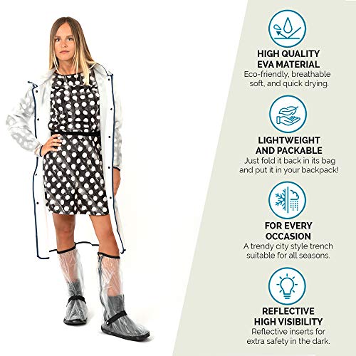 PERLETTI Regenponcho Wasserdicht Damen Herren Reflktierende Details - Regenjacke Wandern Outdoor Trekking Reisen mit Kapuze - Regen Cape Waterproof Kompakt Camping (M, Transparent mit Rand Blau)
