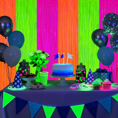 Image of 2 Pack Glow in The Dark Party Curtains Streamers, Neon Party Decorations Fluorescent Macaron Colorful Tinsel Foil Fringe Curtains, Photo Booth Prop Backdrop Streamers, Birthday Halloween Party Decor