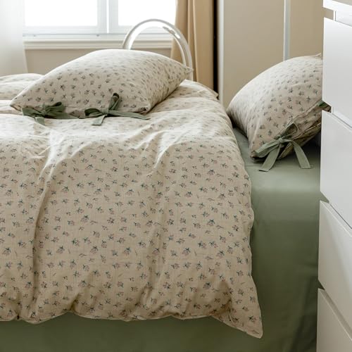 Image of VM VOUGEMARKET Duvet Cover Set Twin 100% Cotton 3 Pcs Girls Green Floral Comforter Cover with Zipper Closure,Cottagecore Style Duvet Cover + 2 Pillowcases with Bowknot-68x86 Inch